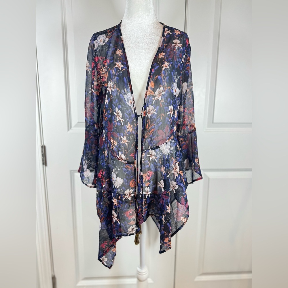 Coachella Festival Sheer Floral Kimono Boho Bell Sleeve Navy M Tassel Resort